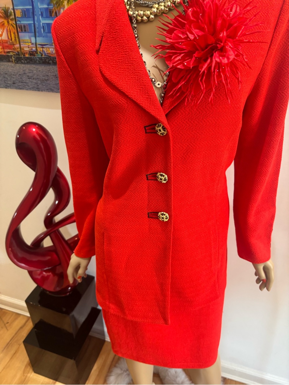 St. John Vibrant Red Orange Tailored skirt suit tweed set 14 L embellished poppy - Picture 5 of 5